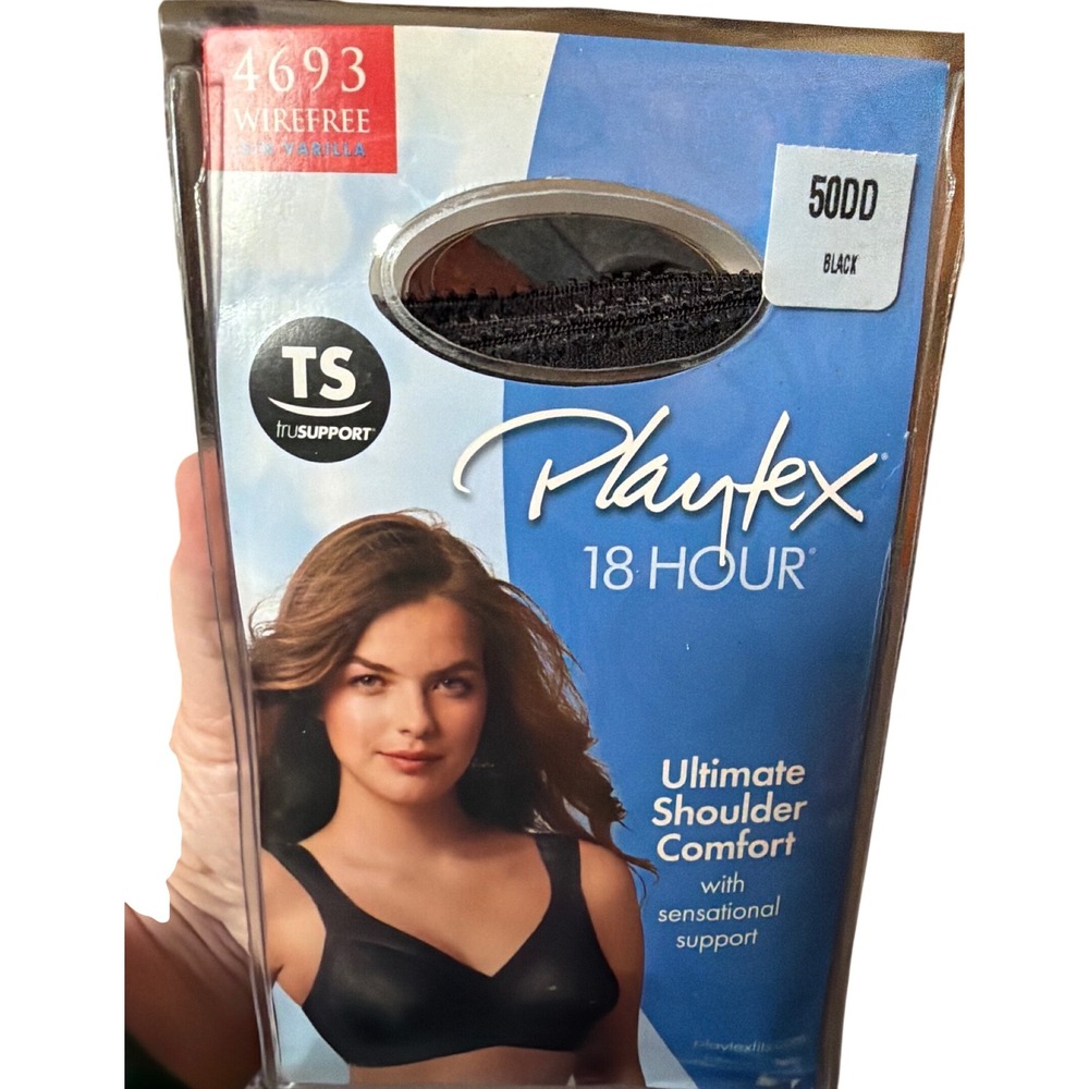 Playtex 18 Hour Wirefree Bra 4693 Black 50DD Ultimate Shoulder Comfort NIB Plus